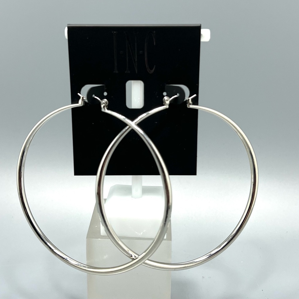 INC International Concepts Large Silver Tone Hoop Earrings - Picture 1 of 5